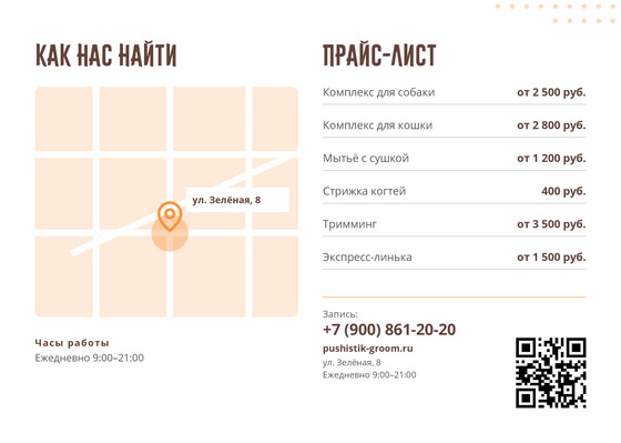 Шаблон листовки «Зоосалон Пушистик» — оборотная сторона