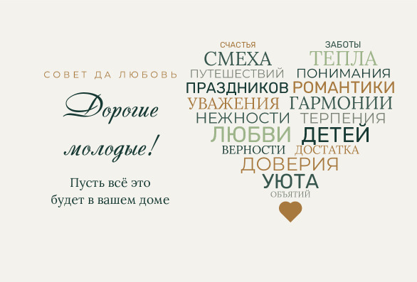 Открытка молодожёнам с сердцем из пожеланий — лицевая сторона